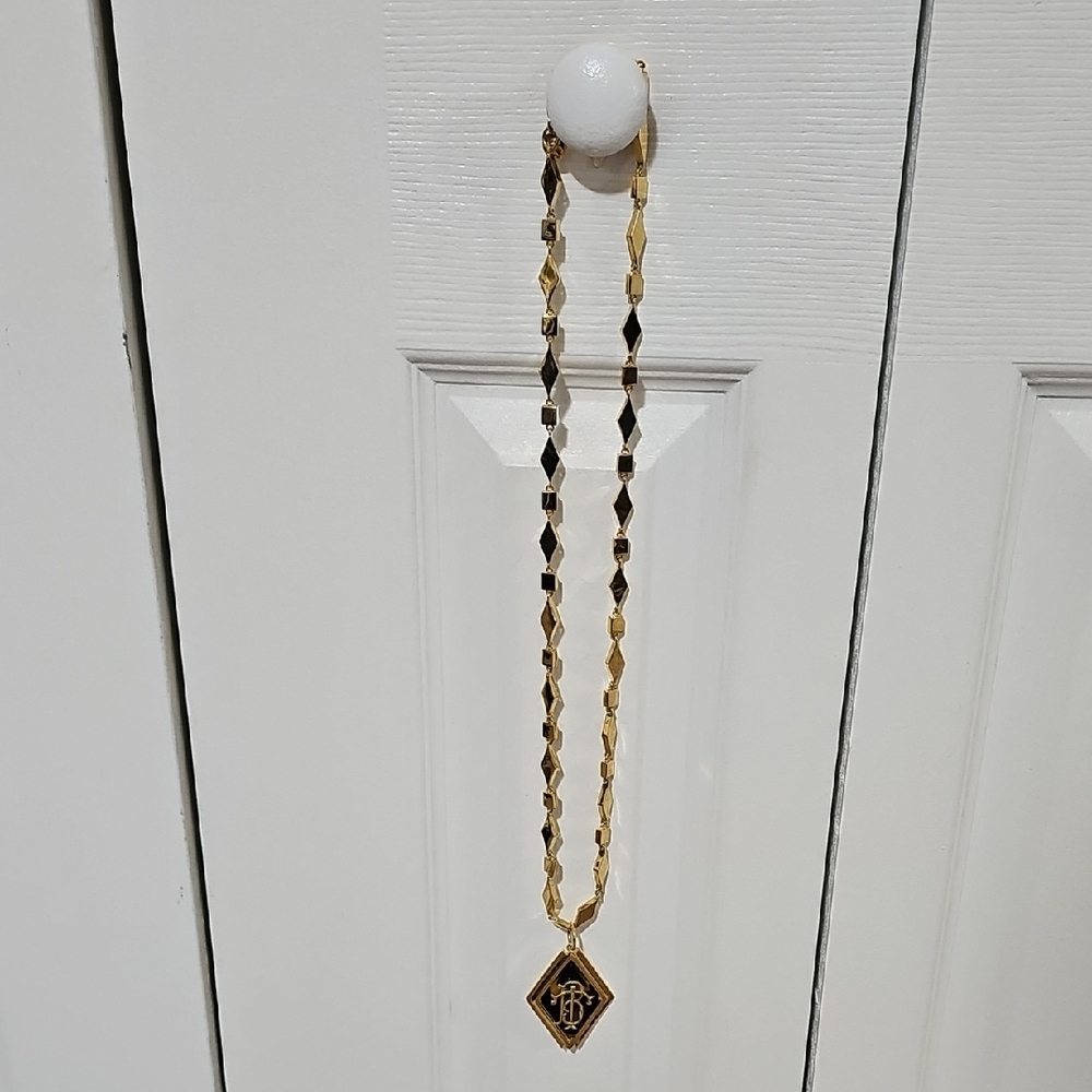 Tory Burch Gold-Tone Pendant Necklace with Black Enamel Logo